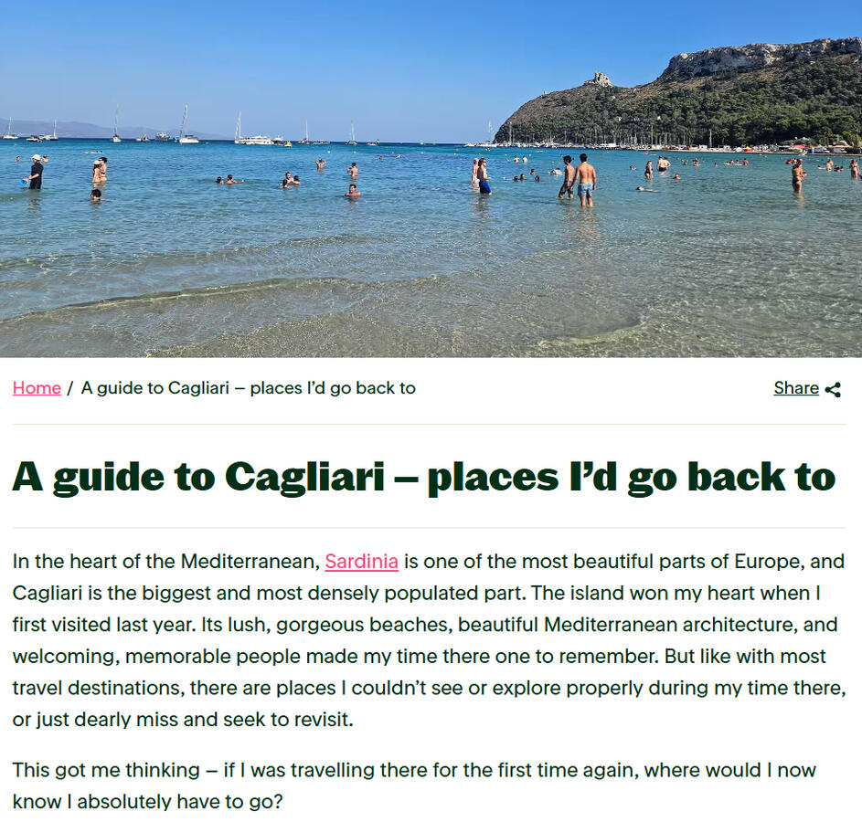 First Choice (sister brand to TUI) loves this destination guide to Cagliari due to its repeat travel angle. I&#39;m thrilled to embody slow and sustainable travel values in my work.