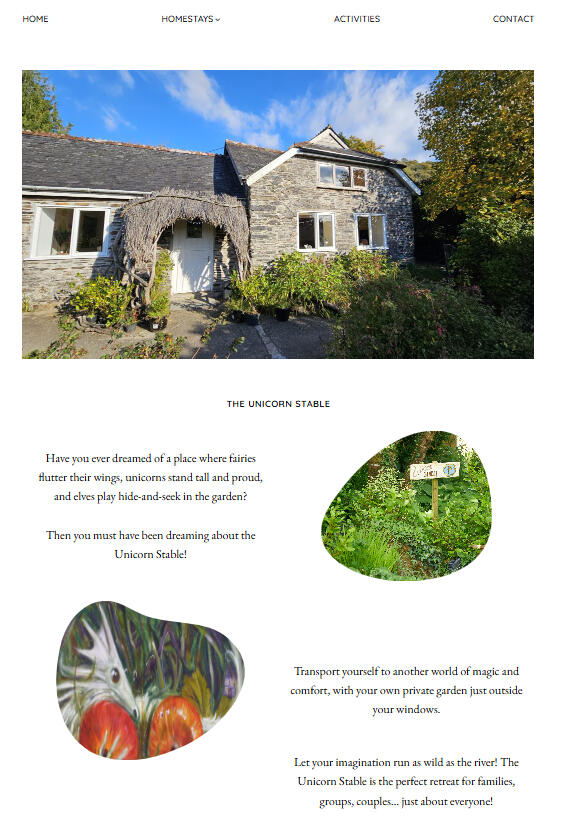 Part of a promotional listing for a holiday let called the &quot;Unicorn Stable.&quot; I SEO-optimised copy somebody else worked on while building a more engaging layout.