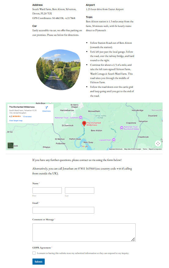 A screenshot for the updated contact page, consisting of a GDPR-compliant contact form, alongside location details previously moved from the homepage.